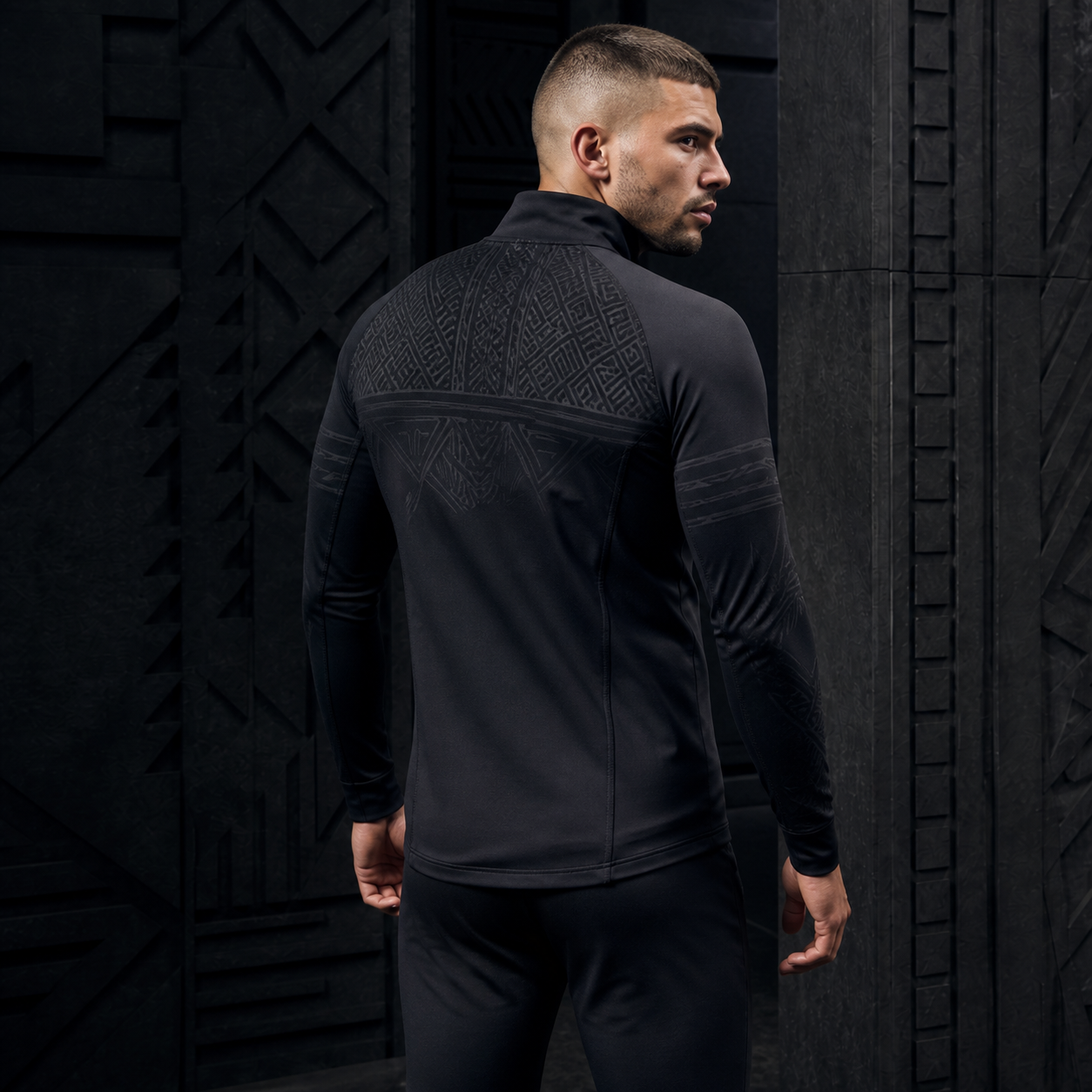 Rear detail of the graphite performance top against carved walls